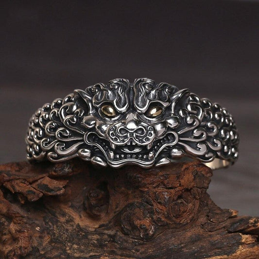 925 Sterling Silver Foo Dog Guardian Bangle - Empire of the Gods