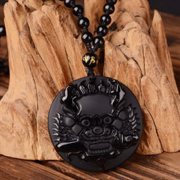 Obsidian Foo Dog Guardian Necklace - Empire of the Gods