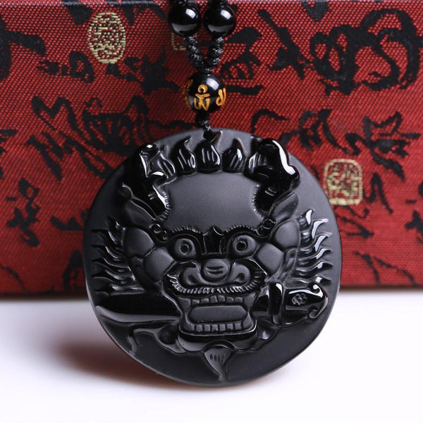 Obsidian Foo Dog Guardian Necklace - Empire of the Gods