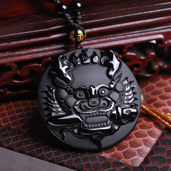 Obsidian Foo Dog Guardian Necklace - Empire of the Gods