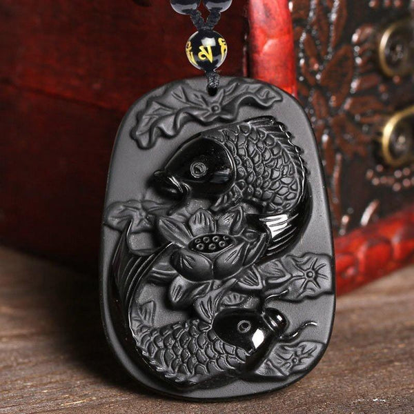 Obsidian Twin Koi Fishes Necklace - Empire of the Gods