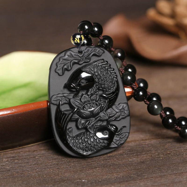 Obsidian Twin Koi Fishes Necklace - Empire of the Gods