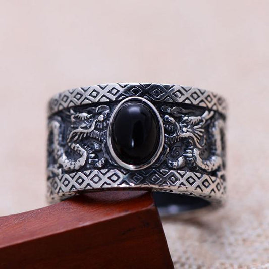 925 Sterling Silver Onyx Dragons Ring - Empire of the Gods