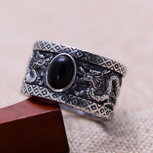 925 Sterling Silver Onyx Dragons Ring - Empire of the Gods