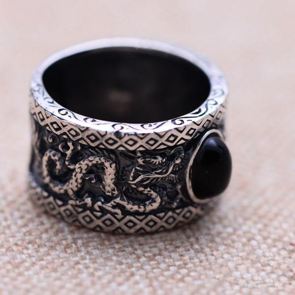 925 Sterling Silver Onyx Dragons Ring - Empire of the Gods