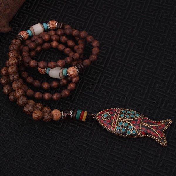 Handmade Ethnic Wenge & Gemstones Fish Pendant Necklace - Empire of the Gods