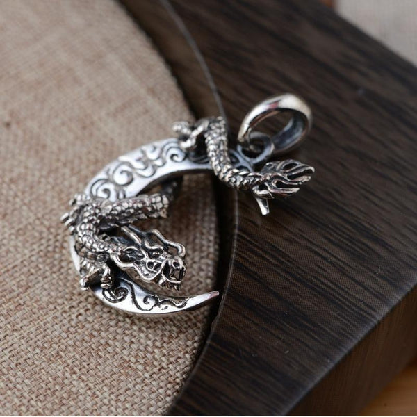 925 Sterling Silver Dragon Crescent Pendant - Empire of the Gods